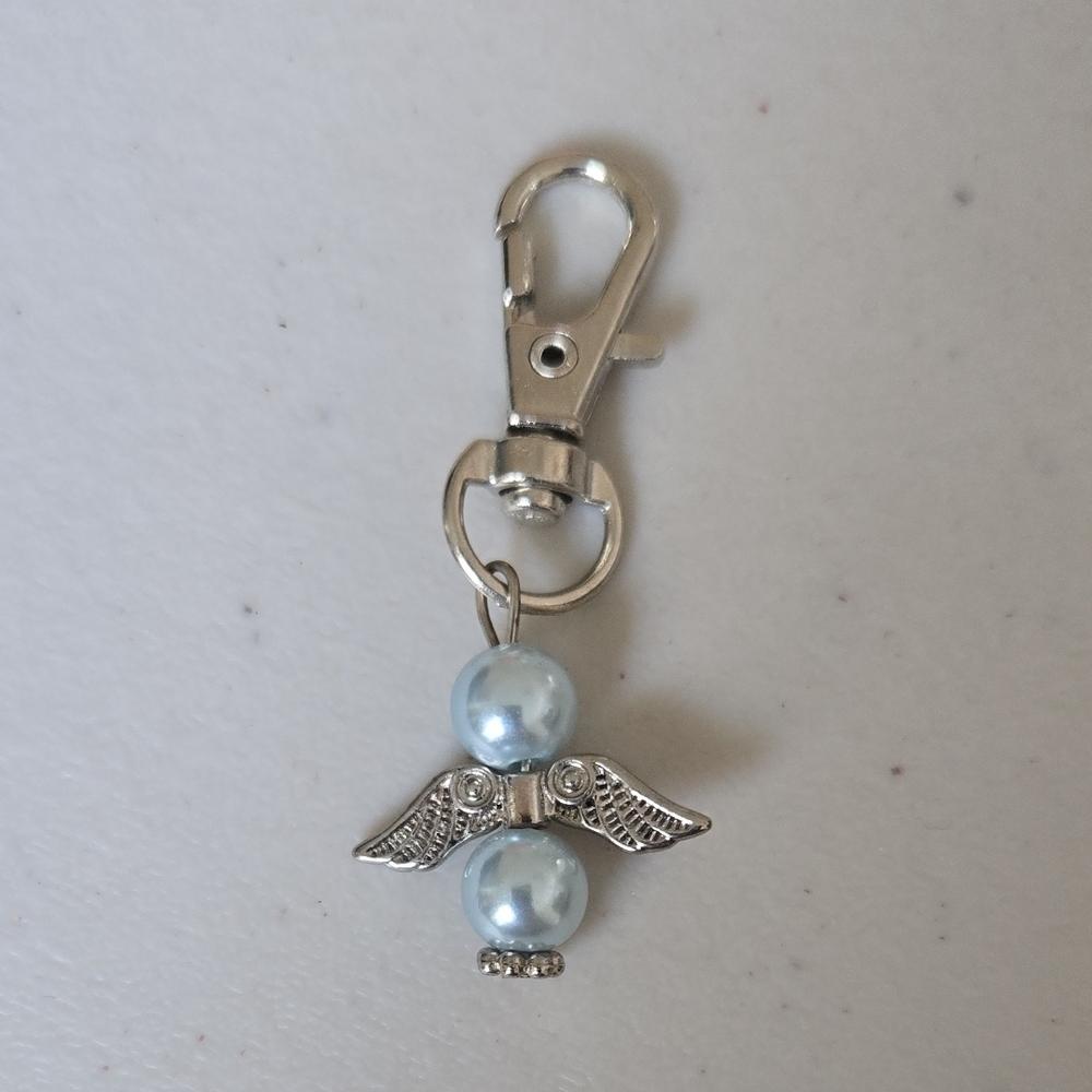 Silver Angel Keychain Charm with Light Blue Pearls